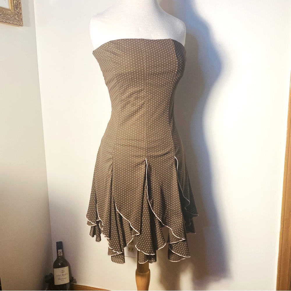 Vintage Miss Me strapless dress. Chocolate with light pink dots and trim.